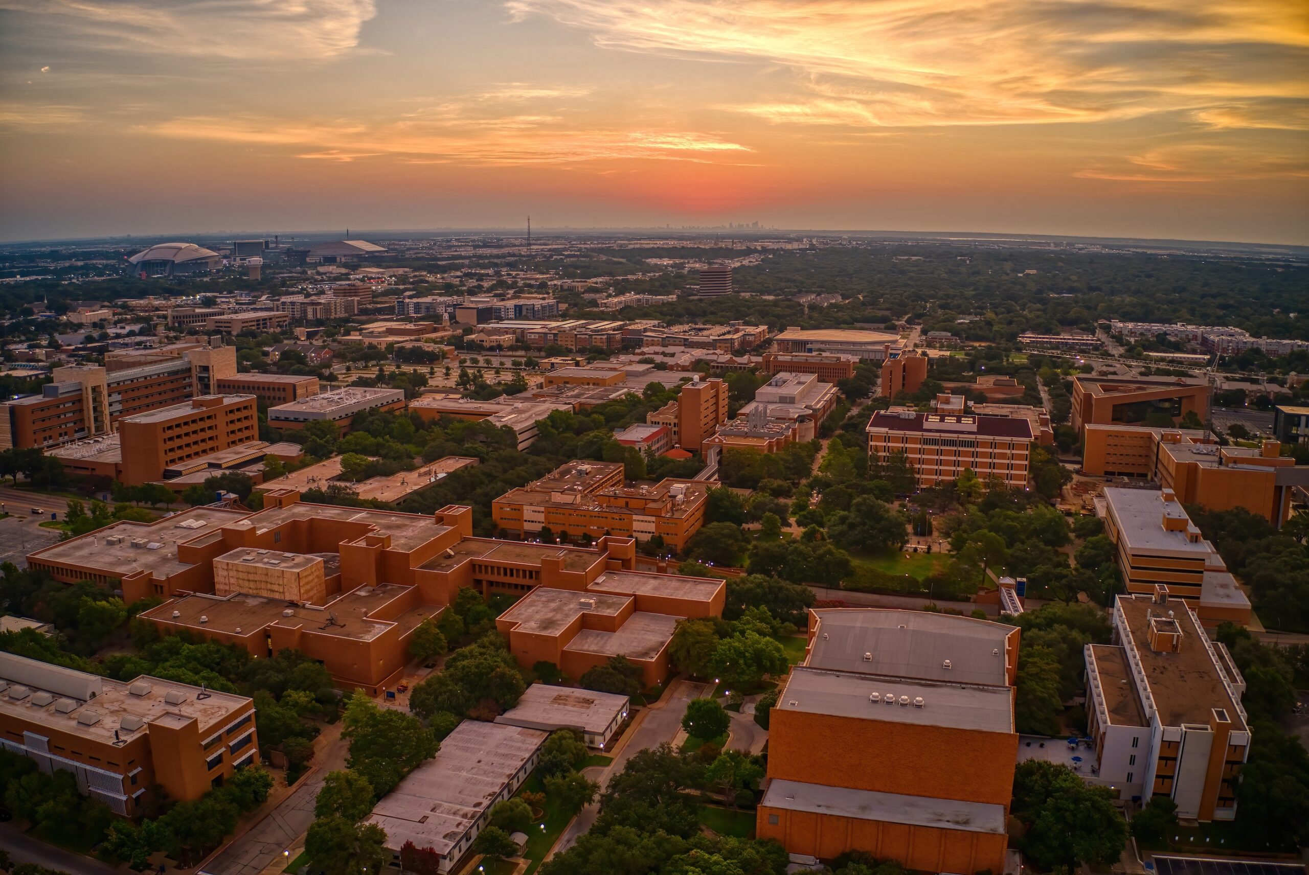 Aerial View of a large Public University in Arlington, Texas at Sunrise